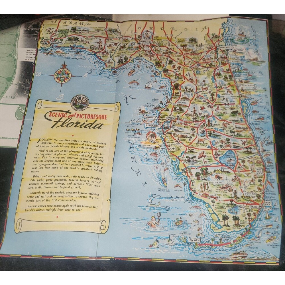 Vintage Florida Souvenir Fold Out Map Scenic Picturesque Pictorial Travel Art